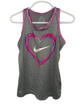 Nike Girls Tank Top Size 6 Gray Pink Heart Graphic Athletic